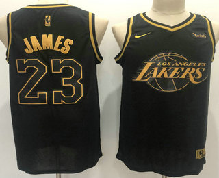 Men's Los Angeles Lakers #23 Lebron James Black Golden Edition Nike Swingman Jersey With The Sponsor Logo