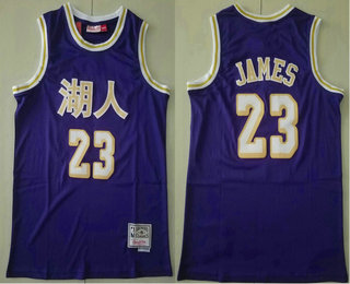 Men's Los Angeles Lakers #23 Lebron James Purple Chinese Hardwood Classics Soul Swingman Throwback Jersey