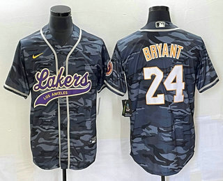 Men's Los Angeles Lakers #24 Kobe Bryant Black Camo With Patch Cool Base Stitched Baseball Jersey 01