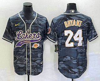 Men's Los Angeles Lakers #24 Kobe Bryant Black Camo With Patch Cool Base Stitched Baseball Jersey 02