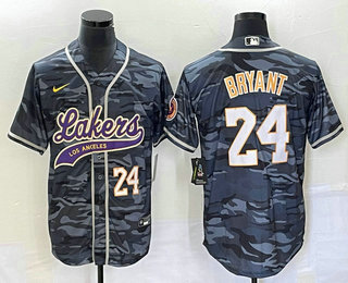 Men's Los Angeles Lakers #24 Kobe Bryant Black Camo With Patch Cool Base Stitched Baseball Jersey 03