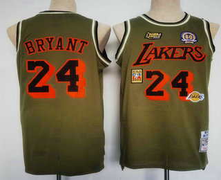 Men's Los Angeles Lakers #24 Kobe Bryant Green Military Flight patchs Throwback Jersey