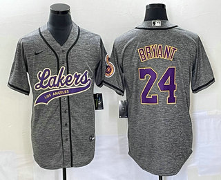 Men's Los Angeles Lakers #24 Kobe Bryant Grey Gridiron Cool Base Stitched Baseball Jersey 01