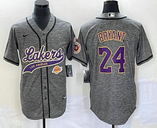 Men's Los Angeles Lakers #24 Kobe Bryant Grey Gridiron Cool Base Stitched Baseball Jersey 02