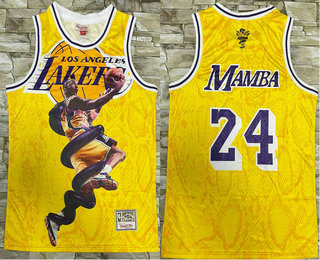 Men's Los Angeles Lakers #24 Kobe Bryant Mamba Yellow Floral Laser Printing Throwback Jersey