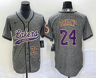 Men's Los Angeles Lakers #24 Kobe Bryant Number Grey Gridiron Cool Base Stitched Baseball Jersey