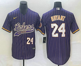 Men's Los Angeles Lakers #24 Kobe Bryant Purple Pinstripe With Patch Cool Base Stitched Baseball Jersey 01