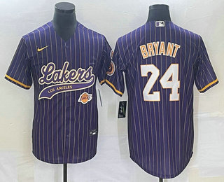 Men's Los Angeles Lakers #24 Kobe Bryant Purple Pinstripe With Patch Cool Base Stitched Baseball Jersey 02