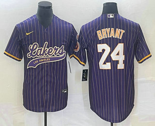 Men's Los Angeles Lakers #24 Kobe Bryant Purple Pinstripe With Patch Cool Base Stitched Baseball Jersey 03