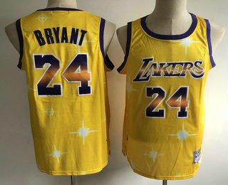 Men's Los Angeles Lakers #24 Kobe Bryant Starry Yellow Hardwood Classics Soul Swingman Throwback Jersey