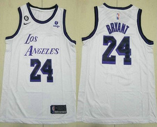 Men's Los Angeles Lakers #24 Kobe Bryant White 6 Patch Icon Sponsor Swingman Jerse