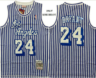 Men's Los Angeles Lakers #24 Kobe Bryant White Blue Pinstripe 1996-97 Hardwood Classics Swingman Throwback Jersey