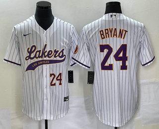 Men's Los Angeles Lakers #24 Kobe Bryant White Pinstripe With Patch Cool Base Stitched Baseball Jersey 01