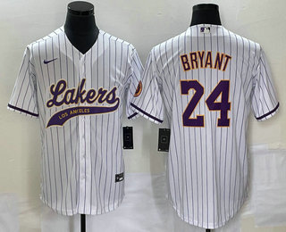 Men's Los Angeles Lakers #24 Kobe Bryant White Pinstripe With Patch Cool Base Stitched Baseball Jersey 02