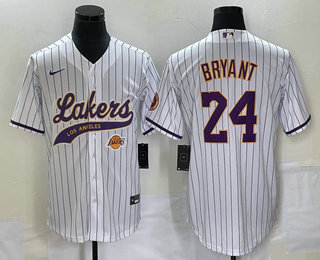 Men's Los Angeles Lakers #24 Kobe Bryant White Pinstripe With Patch Cool Base Stitched Baseball Jersey 03