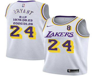 Men's Los Angeles Lakers #24 Kobe Bryant White R.I.P Signature Swingman Jersey