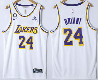 Men's Los Angeles Lakers #24 Kobe Bryant White With 6 Patch Stitched Jersey With Sponsor