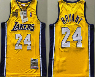 Men's Los Angeles Lakers #24 Kobe Bryant Yellow Champion Patch 2009-2010 Hardwood Classics Soul AU Throwback Jersey