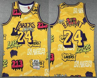 Men's Los Angeles Lakers #24 Kobe Bryant Yellow Doodle Fashion Swingman Jersey