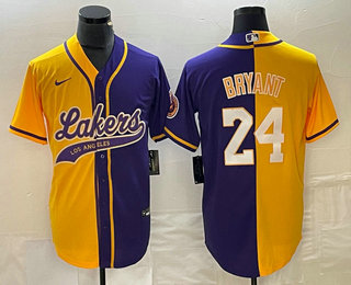 Men's Los Angeles Lakers #24 Kobe Bryant Yellow Purple Two Tone Stitched Baseball Jersey