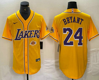 Men's Los Angeles Lakers #24 Kobe Bryant Yellow Purple With Patch Cool Base Stitched Baseball Jersey 01