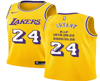 Men's Los Angeles Lakers #24 Kobe Bryant Yellow R.I.P Signature Swingman Jersey