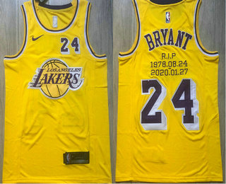 Men's Los Angeles Lakers #24 Kobe Bryant Yellow R.I.P Signed AU Jerseys