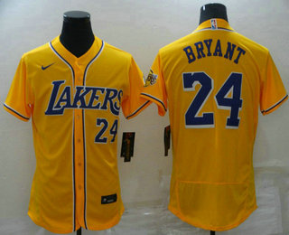 Men's Los Angeles Lakers #24 Kobe Bryant Yellow Stitched Flex Base Nike Baseball Jersey