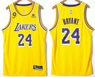 Men's Los Angeles Lakers #24 Kobe Bryant Yellow With 6 Patch Stitched Jersey With Sponsor