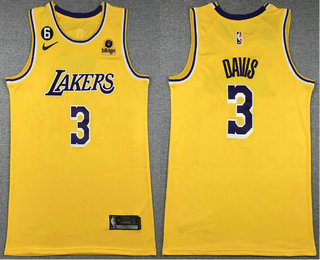 Men's Los Angeles Lakers #3 Anthony Davis Yellow With 6 Patch Stitched Jersey With Sponsor