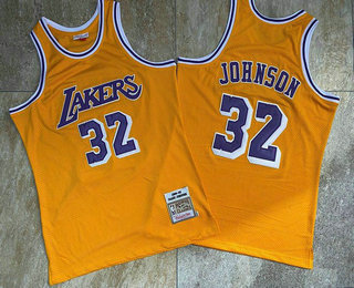 Men's Los Angeles Lakers #32 Magic Johnson 1984-85 Yellow Hardwood Classics Soul AU Throwback Jersey