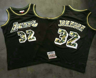 Men's Los Angeles Lakers #32 Magic Johnson Black With Camo Hardwood Classics Soul Swingman Throwback Jersey