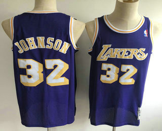 Men's Los Angeles Lakers #32 Magic Johnson Purple Hardwood Classics Soul Swingman Throwback Jersey