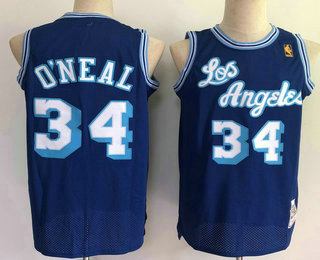 Men's Los Angeles Lakers #34 Shaquille O'Neal Blue Gold NBA 1996-97 Hardwood Classics Soul Swingman Throwback Jersey