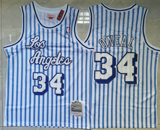 Men's Los Angeles Lakers #34 Shaquille O'Neal White Blue Pinstripe 1996-97 Hardwood Classics Soul Swingman Throwback Jersey