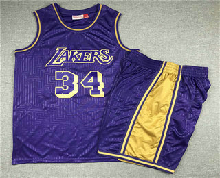 Men's Los Angeles Lakers #34 Shaquille O'neal 1996-97 Purple Hardwood Classics Soul Swingman Throwback Jersey With Shorts