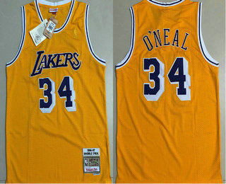 Men's Los Angeles Lakers #34 Shaquille O'neal 1996-97 Yellow Hardwood Classics Soul Swingman Throwback Jersey