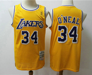 Men's Los Angeles Lakers #34 Shaquille O'neal 1996-97 Yellow Hardwood Classics Soul Swingman Throwback Jersey