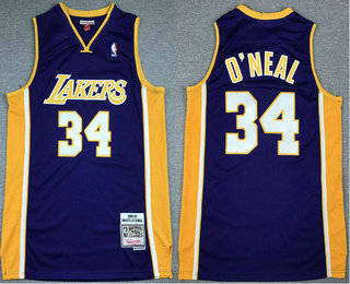 Men's Los Angeles Lakers #34 Shaquille O'neal 1999-00 Purple Hardwood Classics Soul Swingman Throwback V Neck Jersey