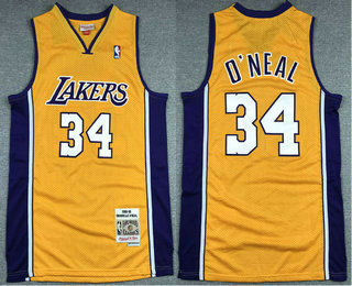 Men's Los Angeles Lakers #34 Shaquille O'neal 1999-00 Yellow Hardwood Classics Soul Swingman Throwback V Neck Jersey