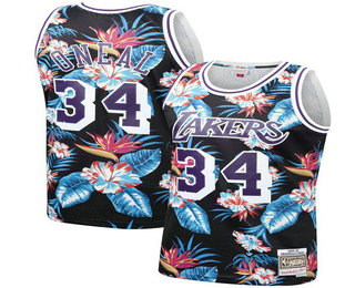 Men's Los Angeles Lakers #34 Shaquille O'neal Ness Floral Fashion 1996-97 Swingman Throwback Jersey