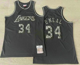 Men's Los Angeles Lakers #34 Shaquille ONeal Black Leather Snakeskin Hardwood AU Throwback Jersey