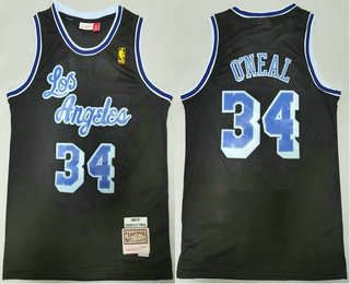 Men's Los Angeles Lakers #34 Shaquille ONeal Black With Blue 1996-97 Hardwood Classics Soul Swingman Throwback Jersey