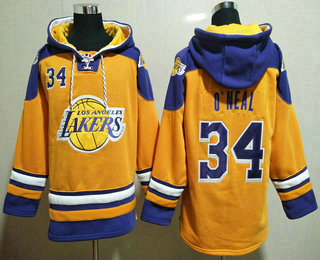 Men's Los Angeles Lakers #34 Shaquille ONeal Yellow Ageless Must Have Lace Up Pullover Hoodie