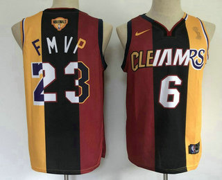 Men's Los Angeles Lakers #6 #23 LeBron James 2020 FMVP Heat Cavaliers Split Dual Number Red Gold Jersey