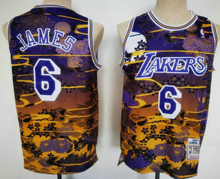 Men's Los Angeles Lakers #6 LeBron James 2007-08 Yellow Blue Hardwood Classics Soul Fashion Throwback Jersey 11