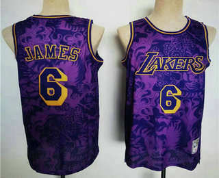 Men's Los Angeles Lakers #6 LeBron James 2022 Purple Lunar New Year Tiger HWC Stitched Basketball Jersey