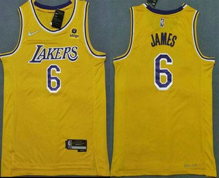 Men's Los Angeles Lakers #6 LeBron James 75th Anniversary Diamond Gold 2021 Stitched Jersey With NEW Sponsor Logo