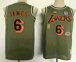 Men's Los Angeles Lakers #6 LeBron James Green Military Flight patchs Throwback Jersey