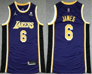 Men's Los Angeles Lakers #6 LeBron James Purple 2021 Jordan Swingman Stitched Jersey With NEW Sponsor